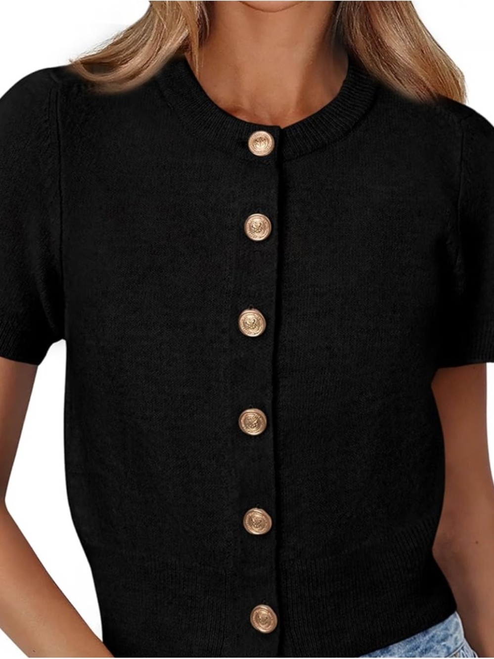 Women's Black Short-Sleeve Button-Front Knit Sweater